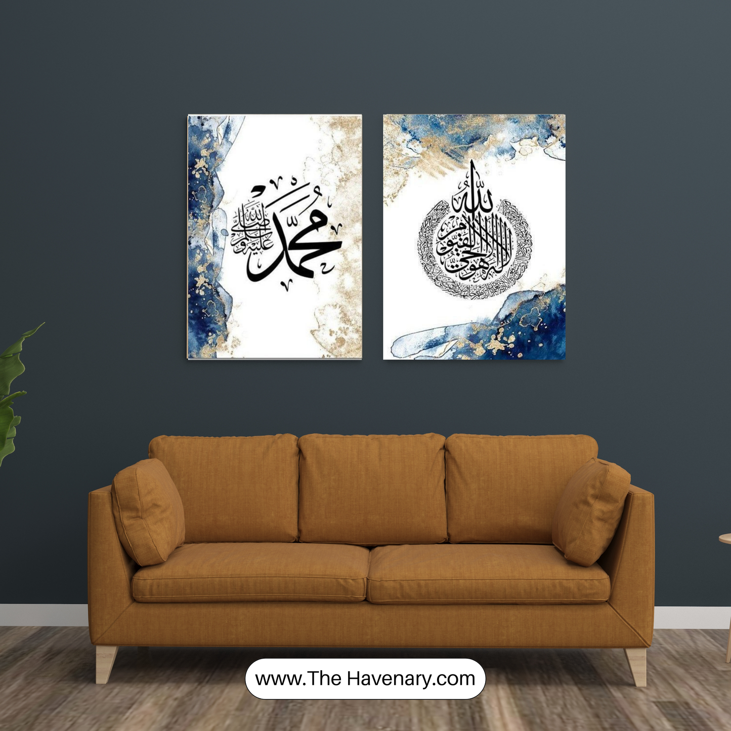 Islamic Wall Art – Two-Piece Blue & Gold Arabic Calligraphy Canvas Set
