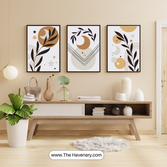 Geometric Moon & Botanical Wall Art Set – Modern 3 Piece Frames