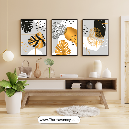 Abstract Tropical Leaf Wall Art Set – Modern 3 Piece Frames