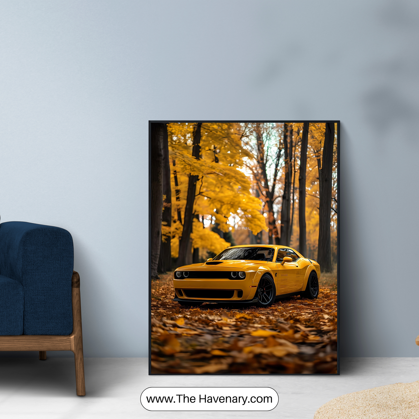 Yellow Muscle Car Wall Art – Autumn Forest Scene