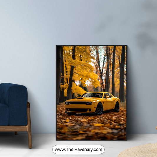 Yellow Muscle Car Wall Art – Autumn Forest Scene