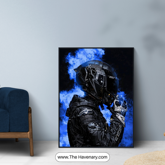 Futuristic Cyberpunk Wall Art – Neon Blue Astronaut Rider