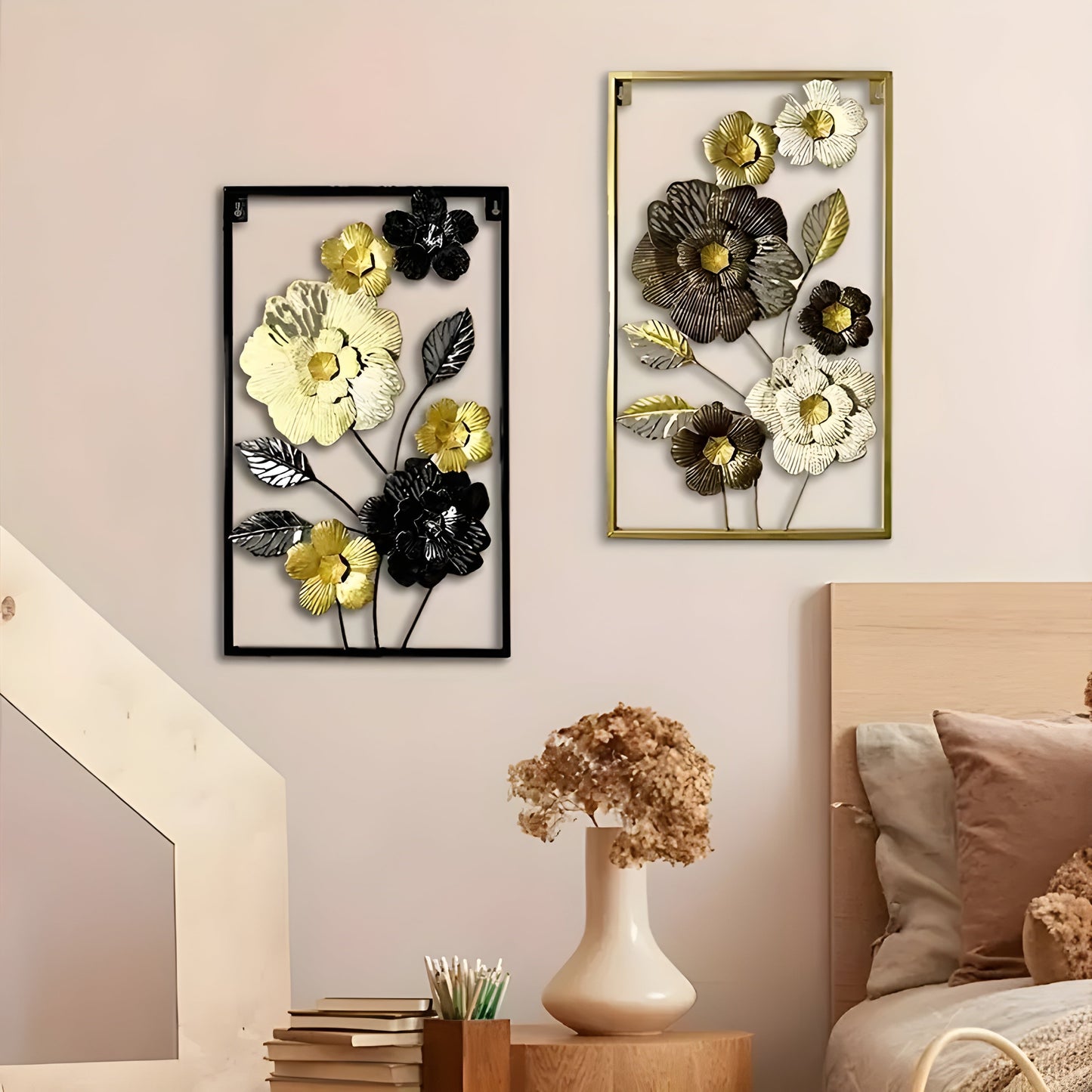 Luxury Metal Wall Art – 3D Floral Frame Decor - Set of 2