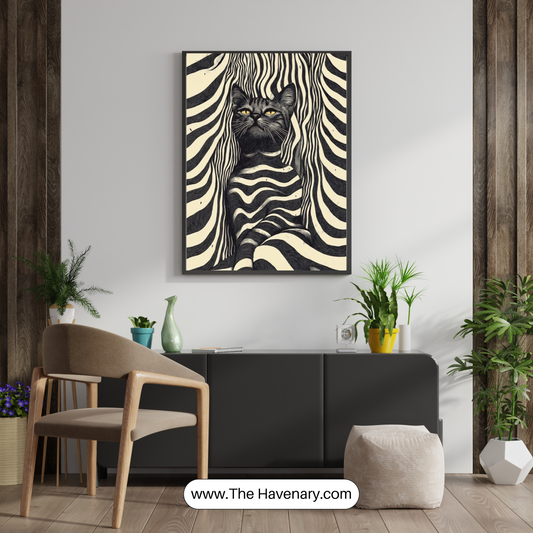 Abstract Cat Art Wall Frame – Black &amp; White Striped Design