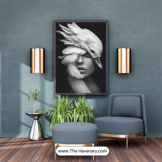 Elegant Swan & Woman Wall Art Frame – Black & White Portrait