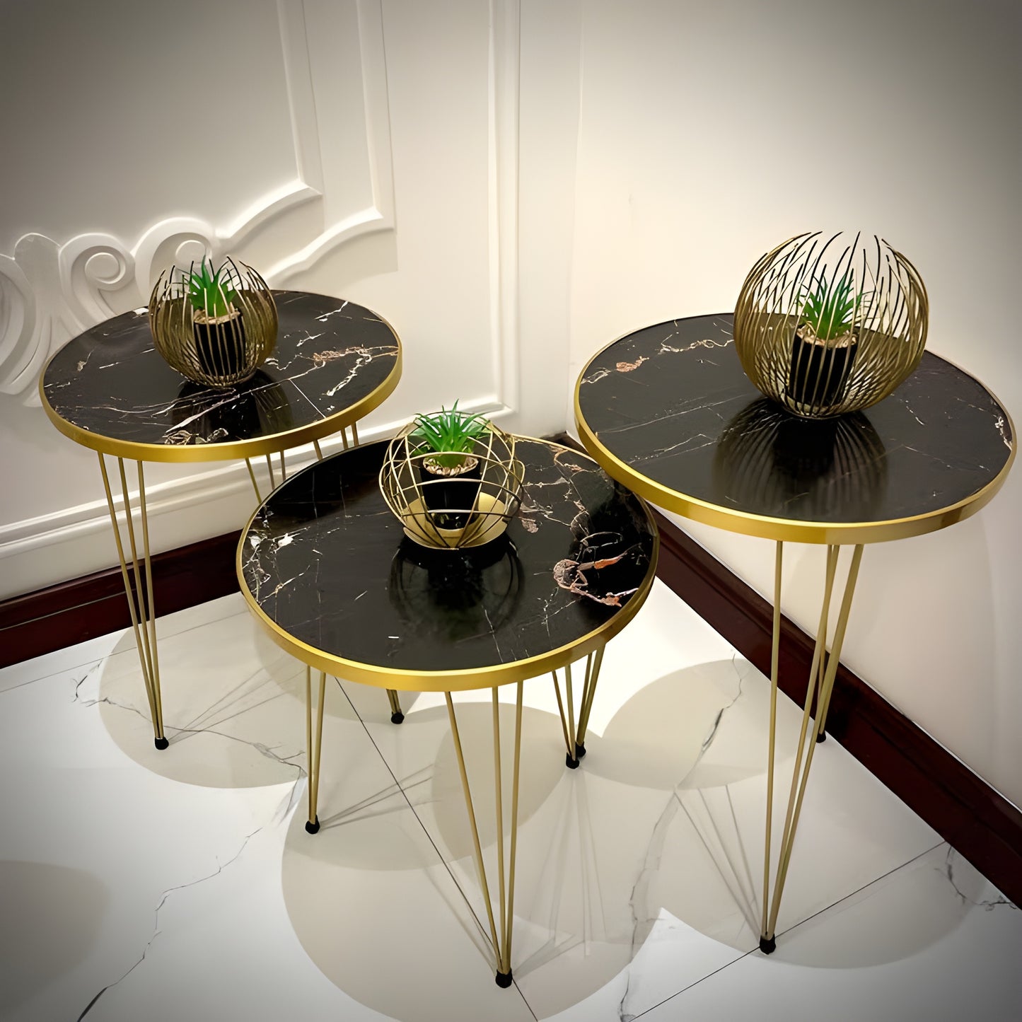 Luxury Black & White Marble Nesting End Tables Side – Set of 3